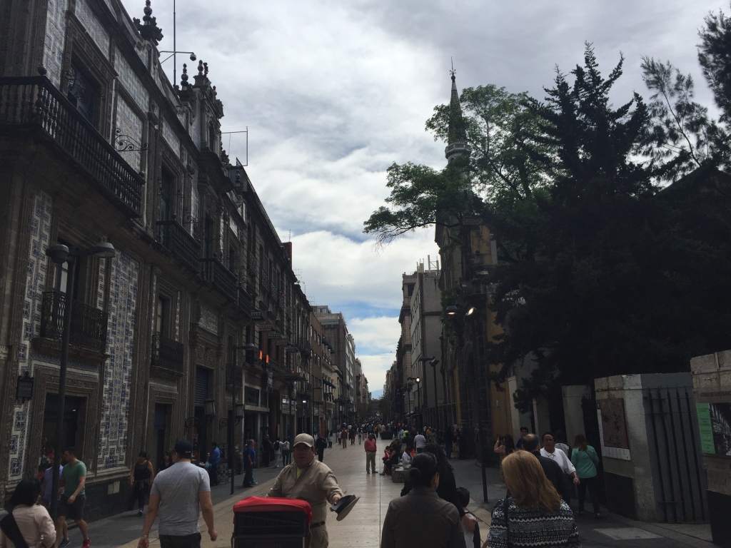 The long narrow streets of the centro historico of Mexico, City.