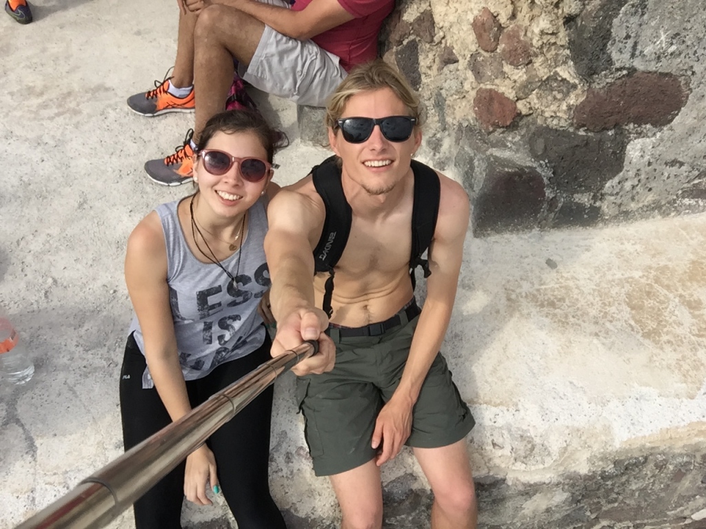 Evan Quarnstrom and Susana Cervantes take a selfie on a pyramid in Tepoztlan.